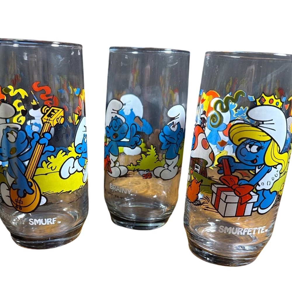 Vintage 1982 Smurfs Glasses Set of 3 Smurfette Brainy Harmony Hardees Peyo 80s